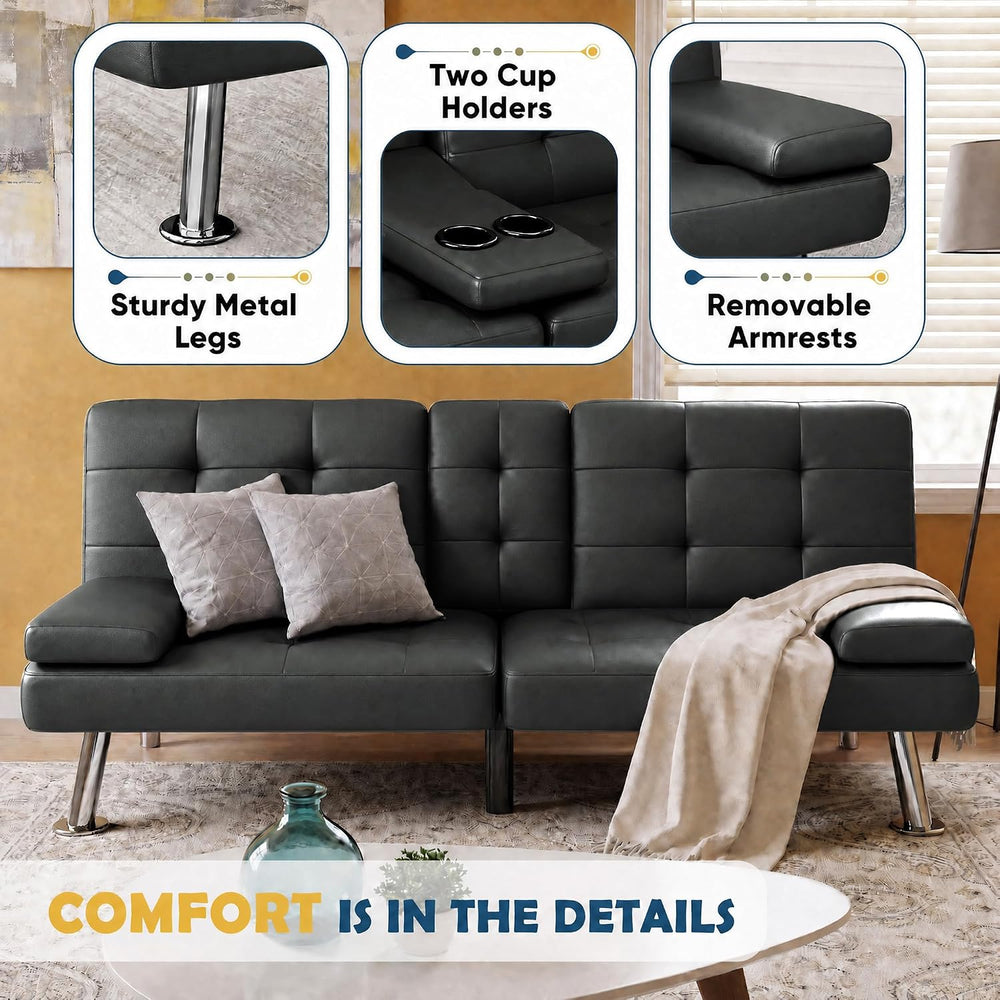Furmax Convertible Futon Sofa Bed with Adjustable Backrest & 2 Cup Holders