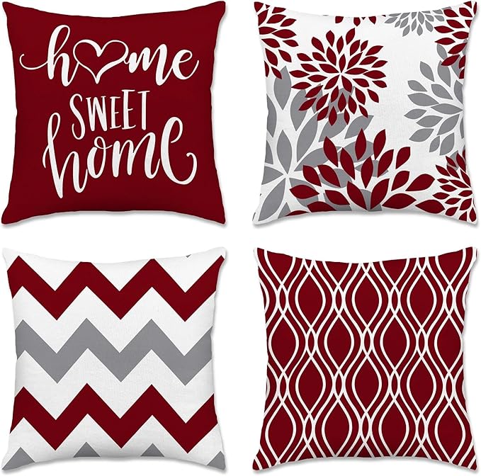 Hexagram Geometric Burgundy Pillow Covers 16x16 Set of 4, Decorative Outdoor by Hexagram