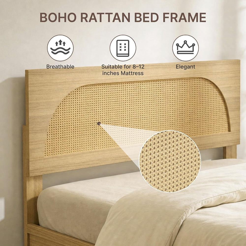 KISLOT Boho Rattan Bed Frame, Farmhouse Platform, Natural, Queen