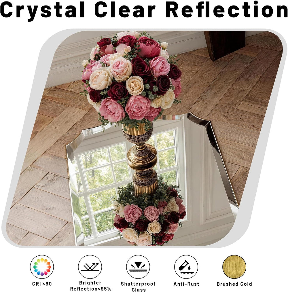POZINO Scalloped Beveled Mirror 36"x24" Brushed Gold Bathroom Mirror