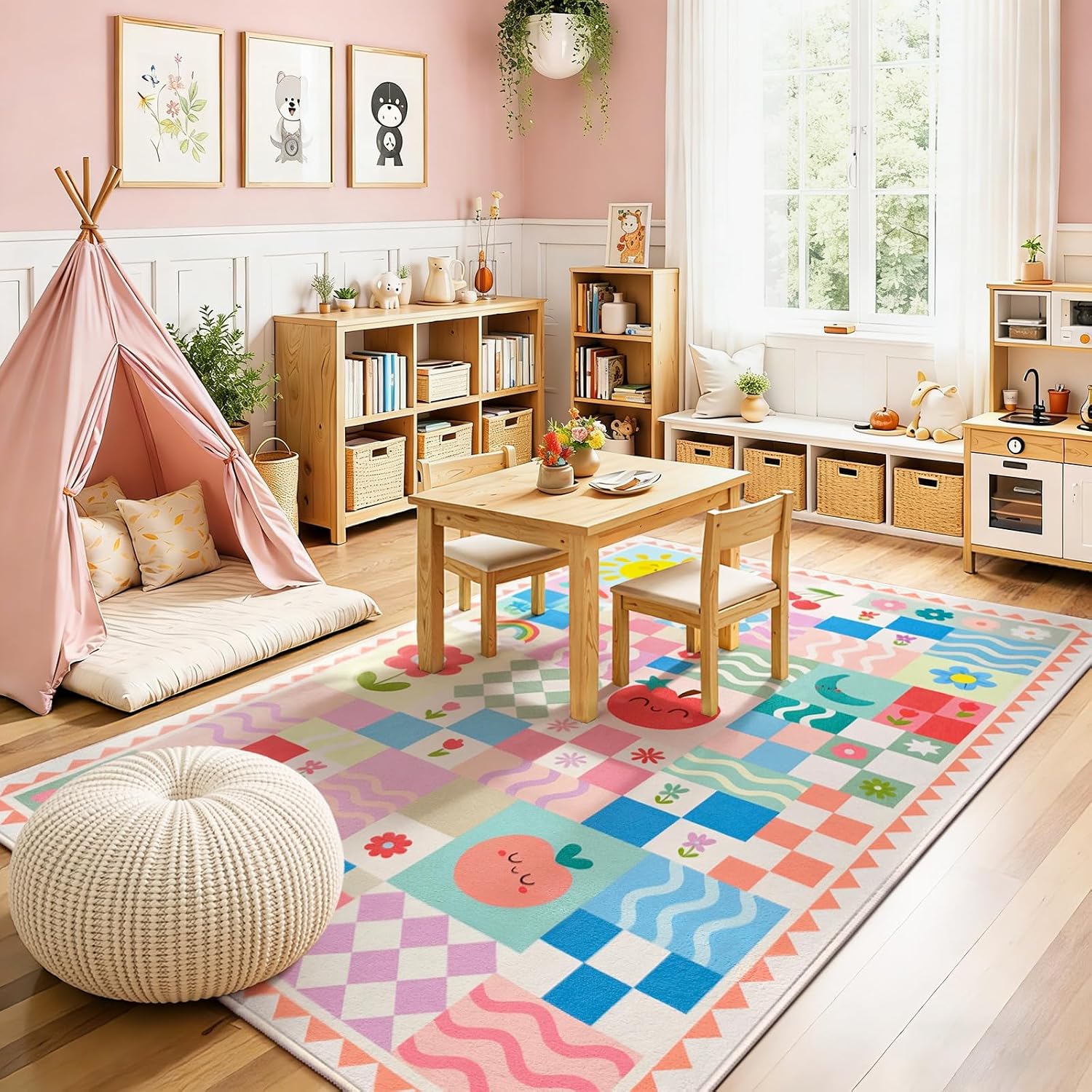 Washable Pink Area Rugs for Bedroom Girls, 3x5 Soft Checkered Playroom Carpet with Cute Sun & Rainbow Fruit Design, Non-Slip Decorative Floor Mat
