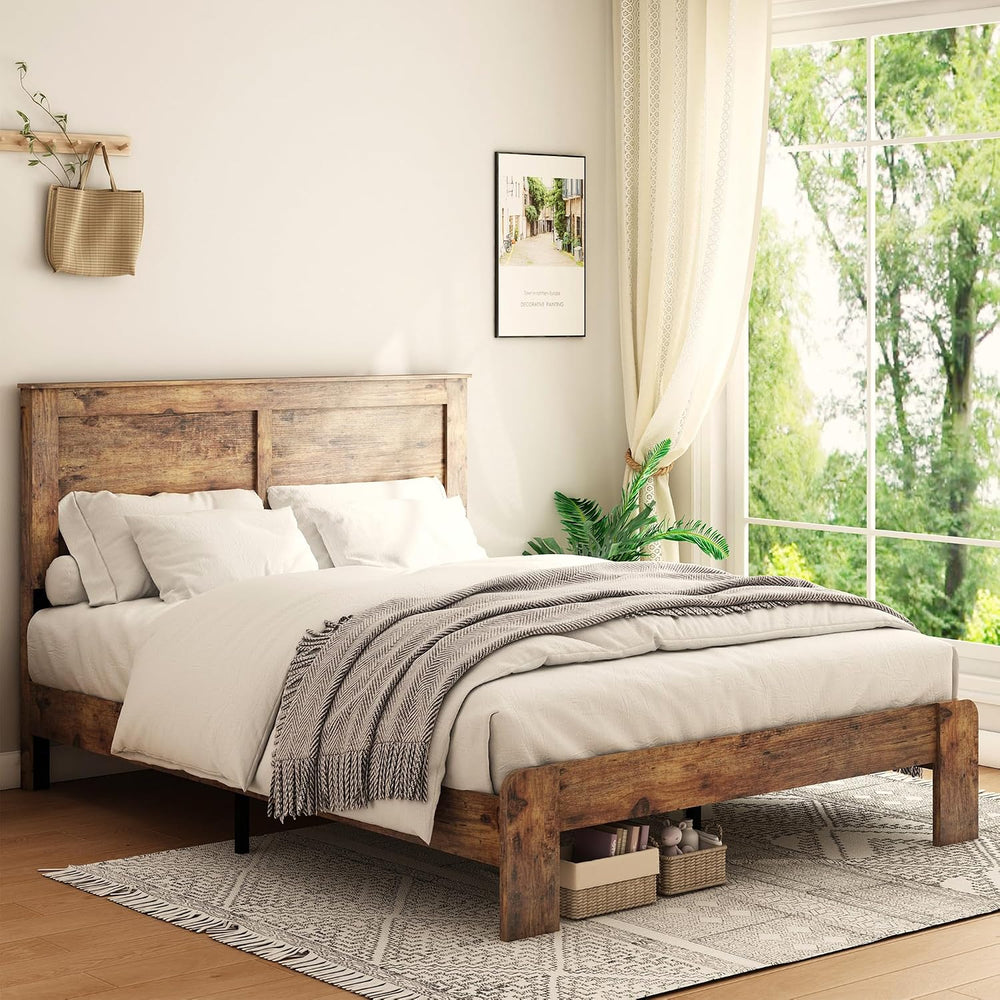 DWOYFO Wood Platform Bed Frame, Full Bed Frame with Headboard, Dark Brown
