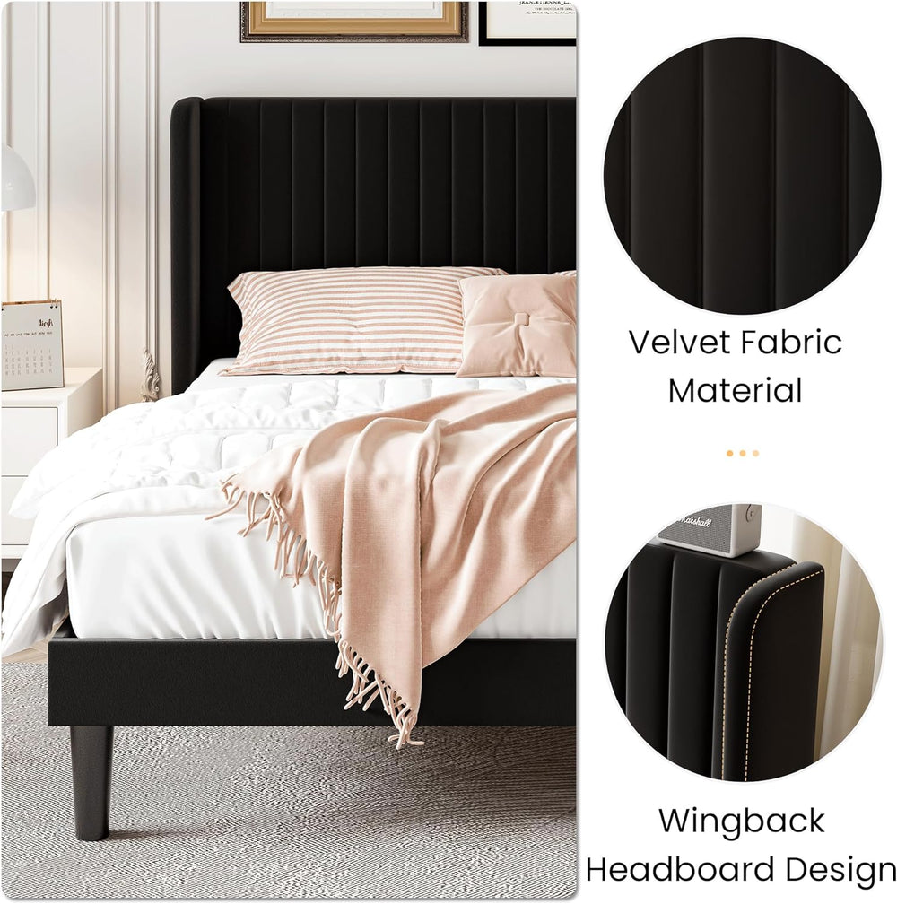 SHA CERLIN Full Size Velvet Bed Frame, Tufted Wingback Headboard, Black