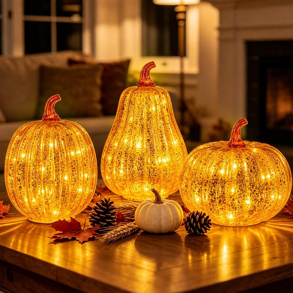 MUMTOP Mercury Glass Pumpkins Light 3PCS Halloween Fall Pumpkin Decor