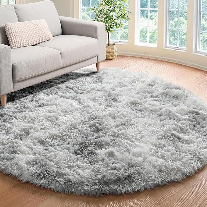 ONASAR Round Rugs 5ft for Bedroom Living Room, Fluffy Tie-Dyed Light Grey - Image 9