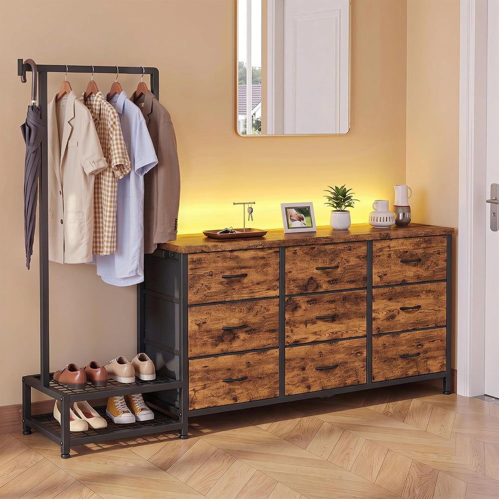 9-Drawer Dresser with Extendable Hanging Rack & LED Lights, Brown