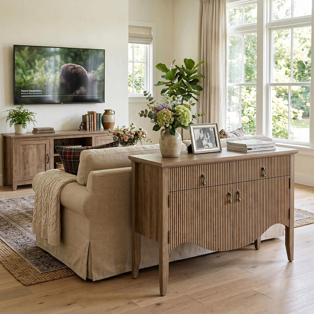 40" Fluted Buffet Storage Cabinet, Sideboard Credenza,Light Oak
