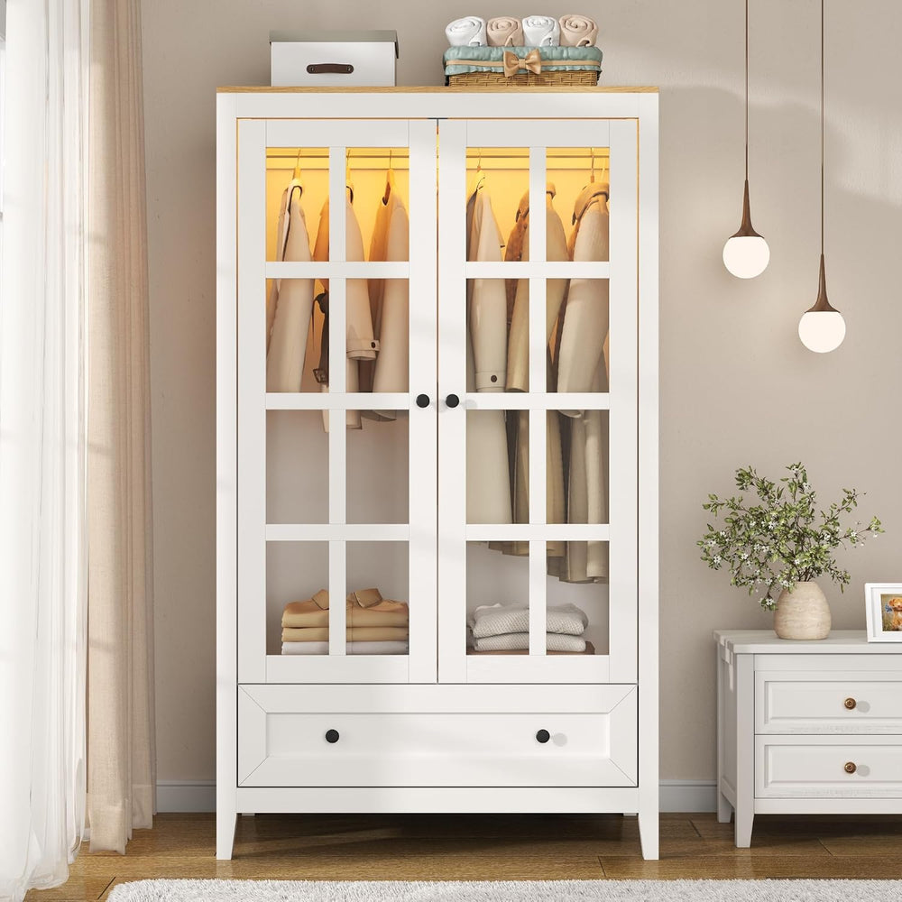 Gyfimoie Armoire Wardrobe Closet with LED Lights, 55'' Modern Clothin...