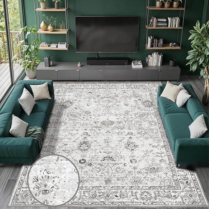 Grey White Area Rugs 9x12 Living Room, Washable Rug Non Slip Floral Low Pile - Image 3