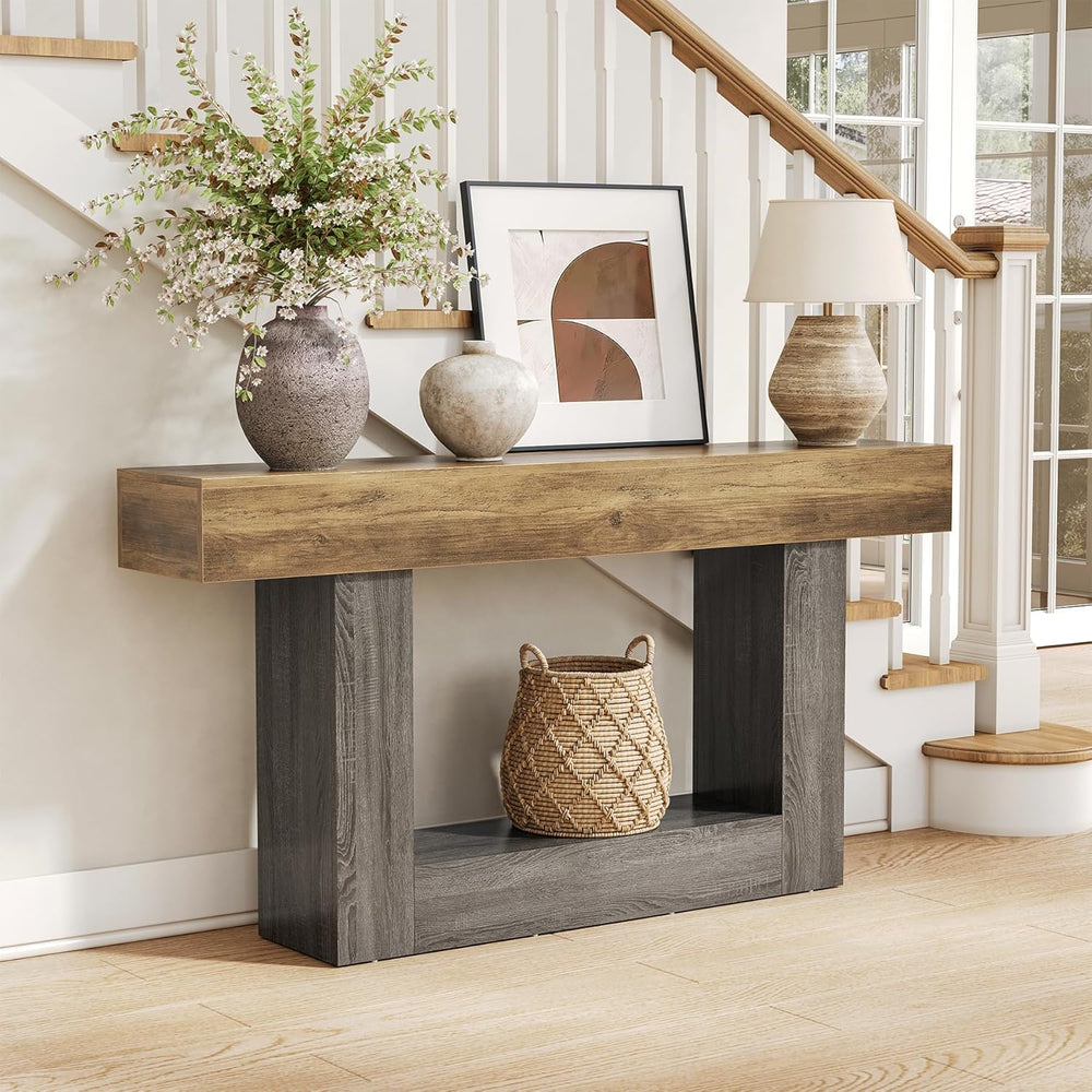 LITTLE TREE 63 Inches Long Console Table, 2-Tier Farmhouse Sofa Table Behind ...