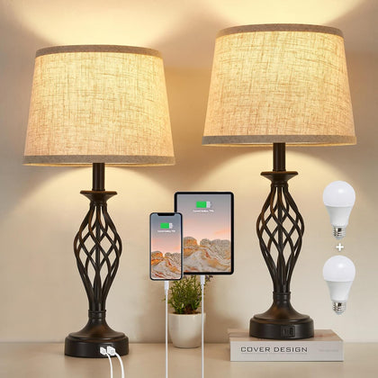 Table Lamp for Bedroom Set of 2 with USB C+A Ports,Modern Night Stand Lamps