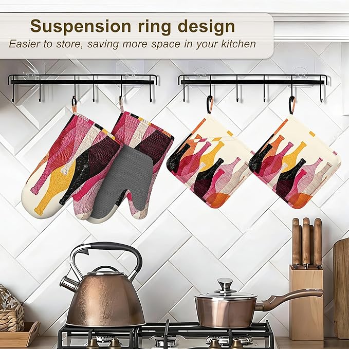 Red Wine Bottle Oven Mitts and Pot Holders Sets, Silicone Kitchen Mitts - Image 5