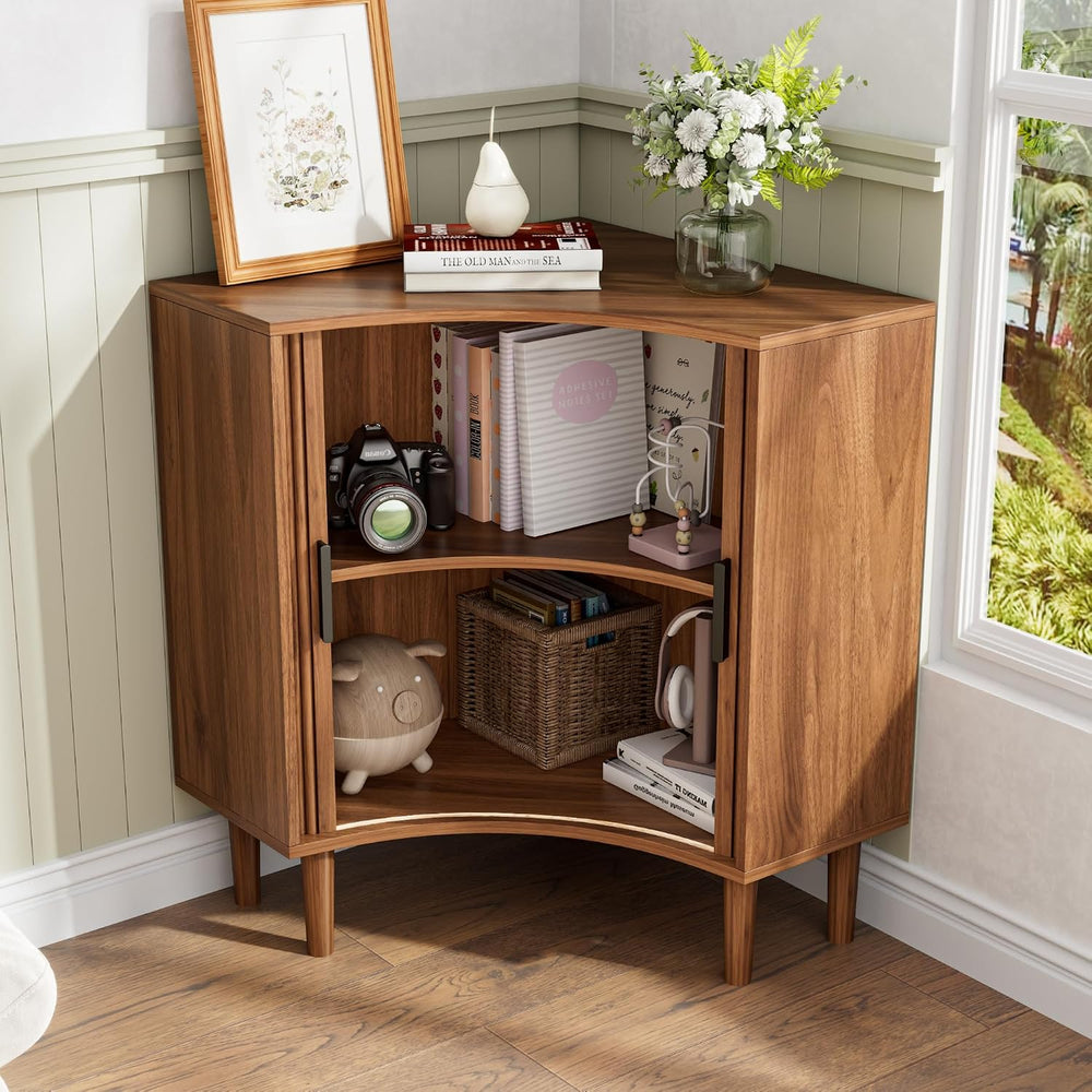 Lxsxlome Fluted Corner Cabinet with Sliding Doors and Adjustable Shelves