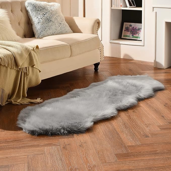 duduta Grey Faux Sheepskin Runner Rugs 2x6 ft, Fluffy Shag Bedroom Rug Decor - Image 5