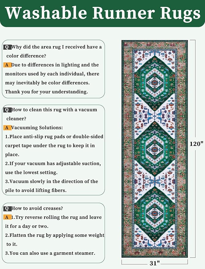 SERISSA Runner Rug for Hallways, Long Boho Rug Vintage Green White Hallway