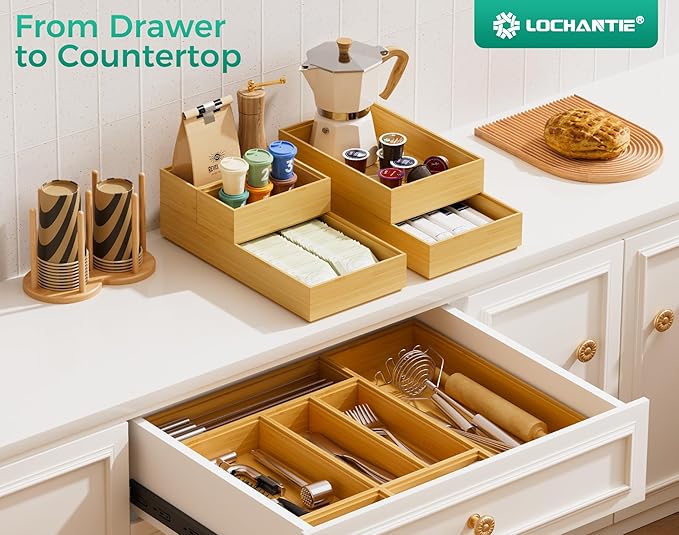 Bamboo Kitchen Drawer Organizer Boxes – 9" x 6" Stackable Wood Silverware - Image 7