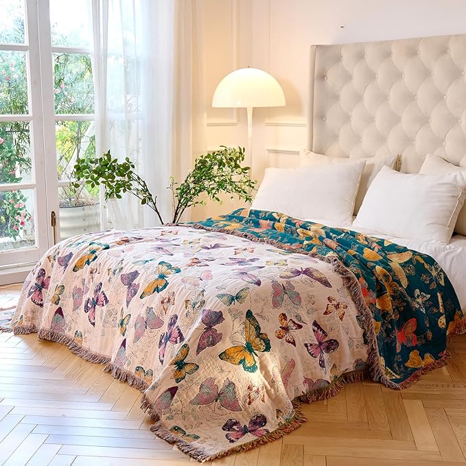 MSGKV Boho Throw Blanket for Bed Cotton Butterfly Twin Size Couch Blanket - Image 5