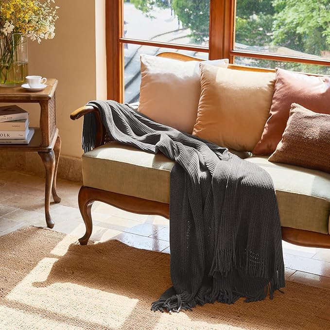 lifein Throw Blanket for Couch, Soft Boho Decor Bed Throw, Cozy Grey Knitted - Image 8