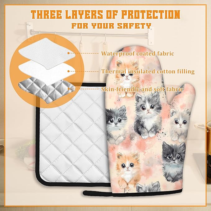 Cute Cat Oven Mitts and Pot Holders, Heat Resistant Oven Mitts Gloves and Pot - Image 3