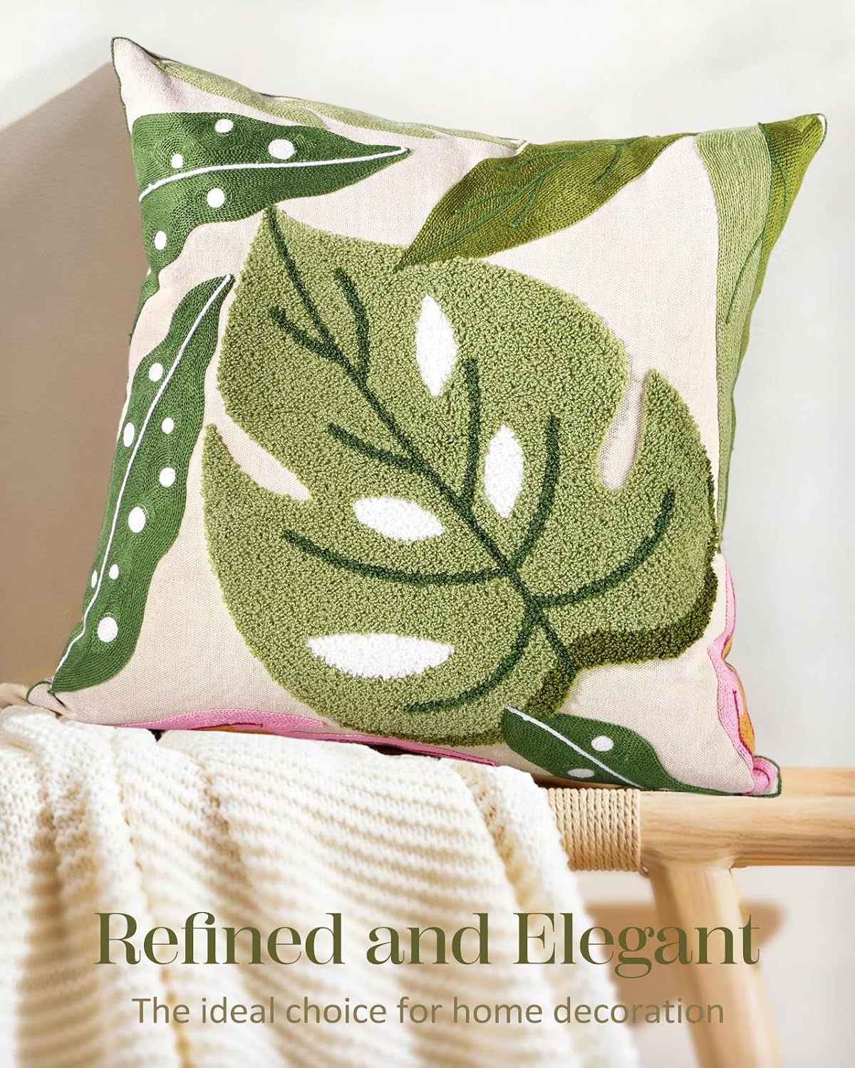 Embroidered Throw Pillow Cover - 18x18 Decorative Pillow Cover with Zipper Aesthetic Cute Design Boho Spring Summer Throw Pillowcase for Living Room Couch Sofa Bed, Monstera Leaves