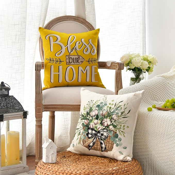 AVOIN colorlife Bless Our Home Farmhouse Eucalyptus Leaves Throw Pillow Covers - Image 3