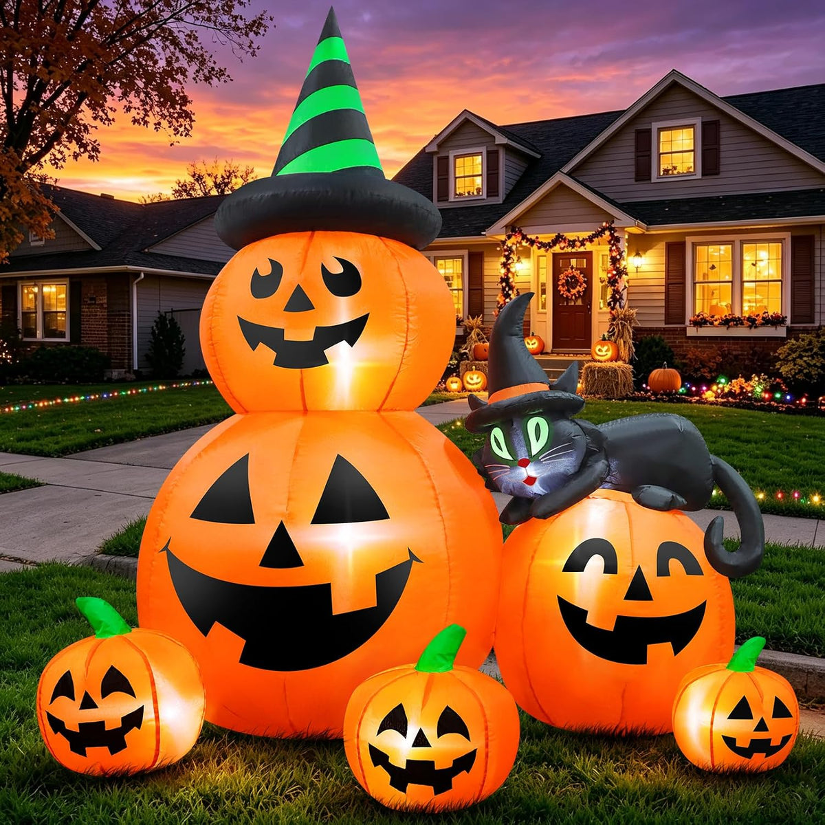 6 FT Halloween Inflatable Pumpkins with Witch’s Black Cat, Spooky Blow up Outdoor Yard Decorations, Built-in Bright LED Lights for Outside Garden Lawn Porch Patio Balcony Holiday Home Party Decor