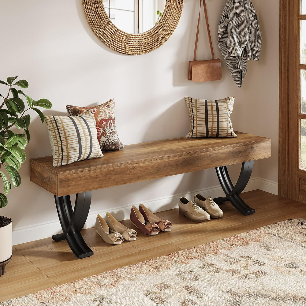 Tribesigns Entryway Shoe Bench, 55-Inch Wooden Shoe Bench with Metal X-Shaped...