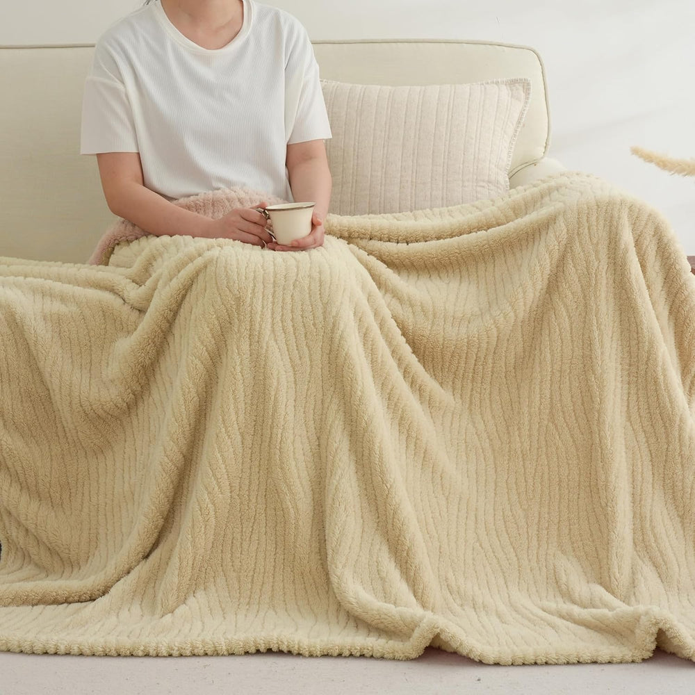 Beige Throw Blanket for Couch, Queen Size Plush Fleece Blanket 90"x90"