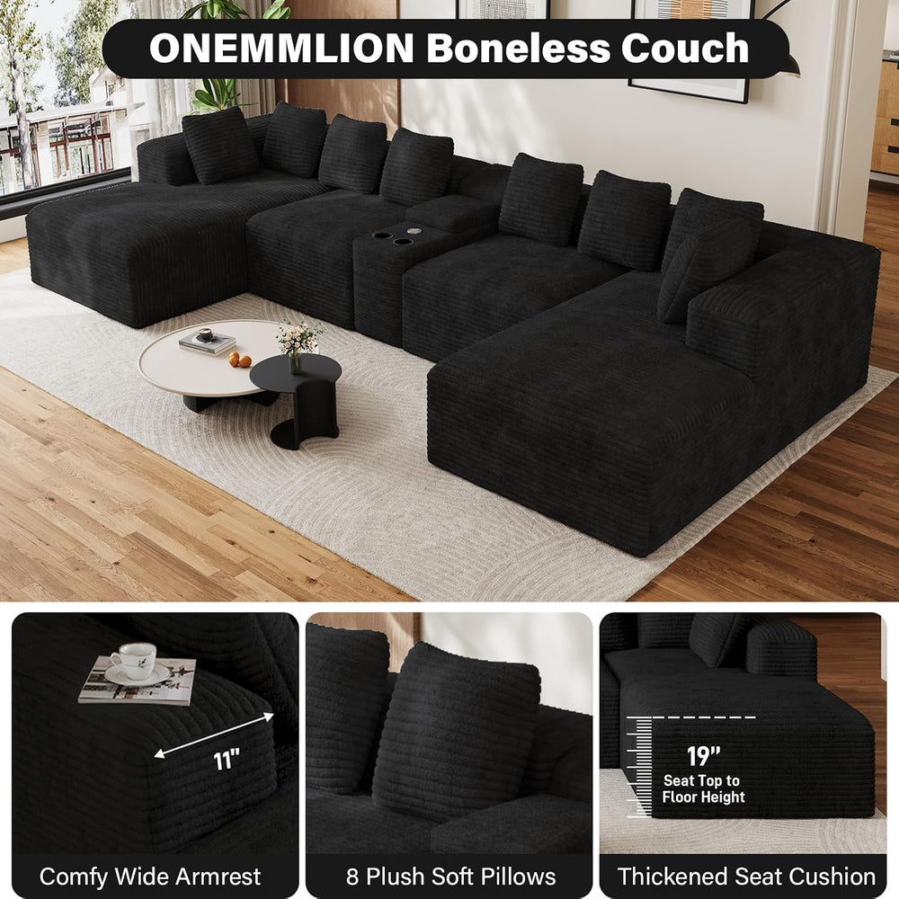 ONEMMLION 143" Oversized Cloud Sectional Couch for Living Room, Black