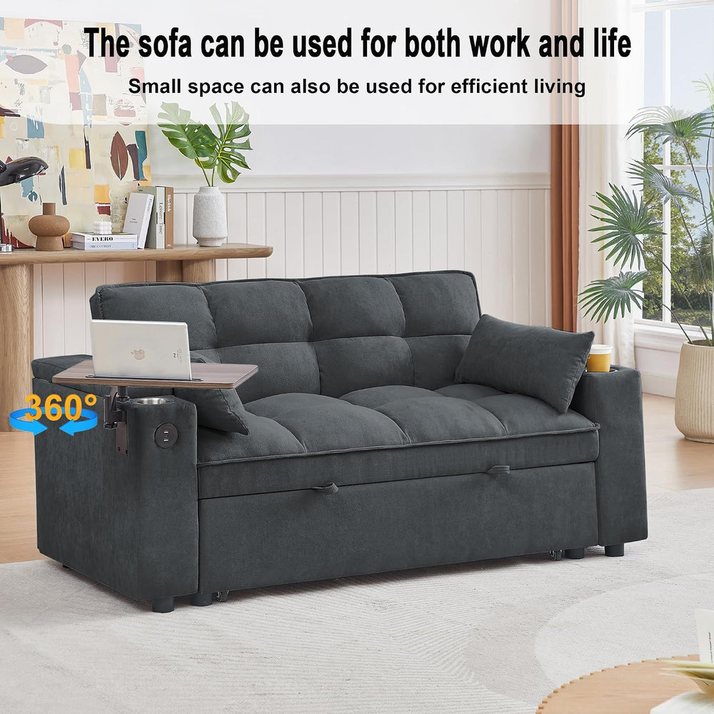 hansones 66" Multi-Functional Pull-Out Sofa Bed with Hidden Side Table, ...
