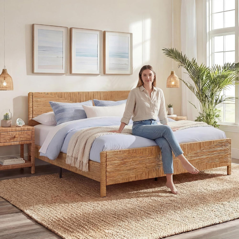 Brafab Hand-woven Rattan King Bed Frame with Headboard and Footboard
