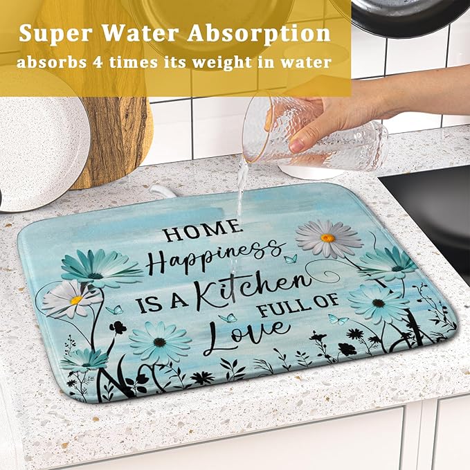 Blue Daisy Dish Drying Mat 16x18 Inch Love Kitchen Absorbent Microfiber - Image 7