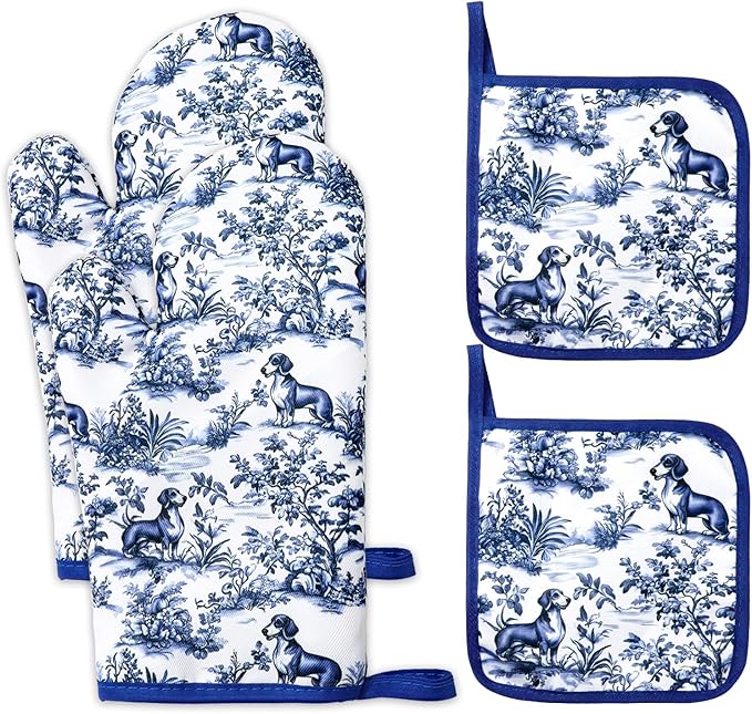 FYSUIMU 4Pcs Chinoiserie Dachshund Oven Mitts and Pot Holders Set Heat by FYSUIMU