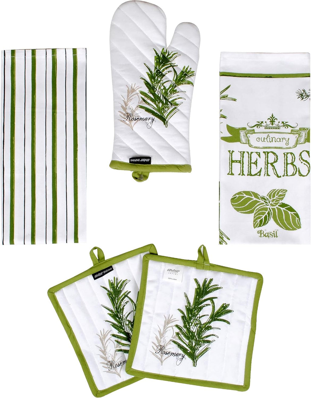 AMOUR INFINI Pot Holders, Oven Mitt and Kitchen Towel Heat Resistant 5-Piece Cotton Kitchen Set Perfect for Cooking, Baking, and Grilling Gift Set (Herb Garden)