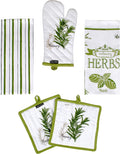 AMOUR INFINI Pot Holders, Oven Mitt and Kitchen Towel Heat Resistant 5-Piece Cotton Kitchen Set Perfect for Cooking, Baking, and Grilling Gift Set (Herb Garden)