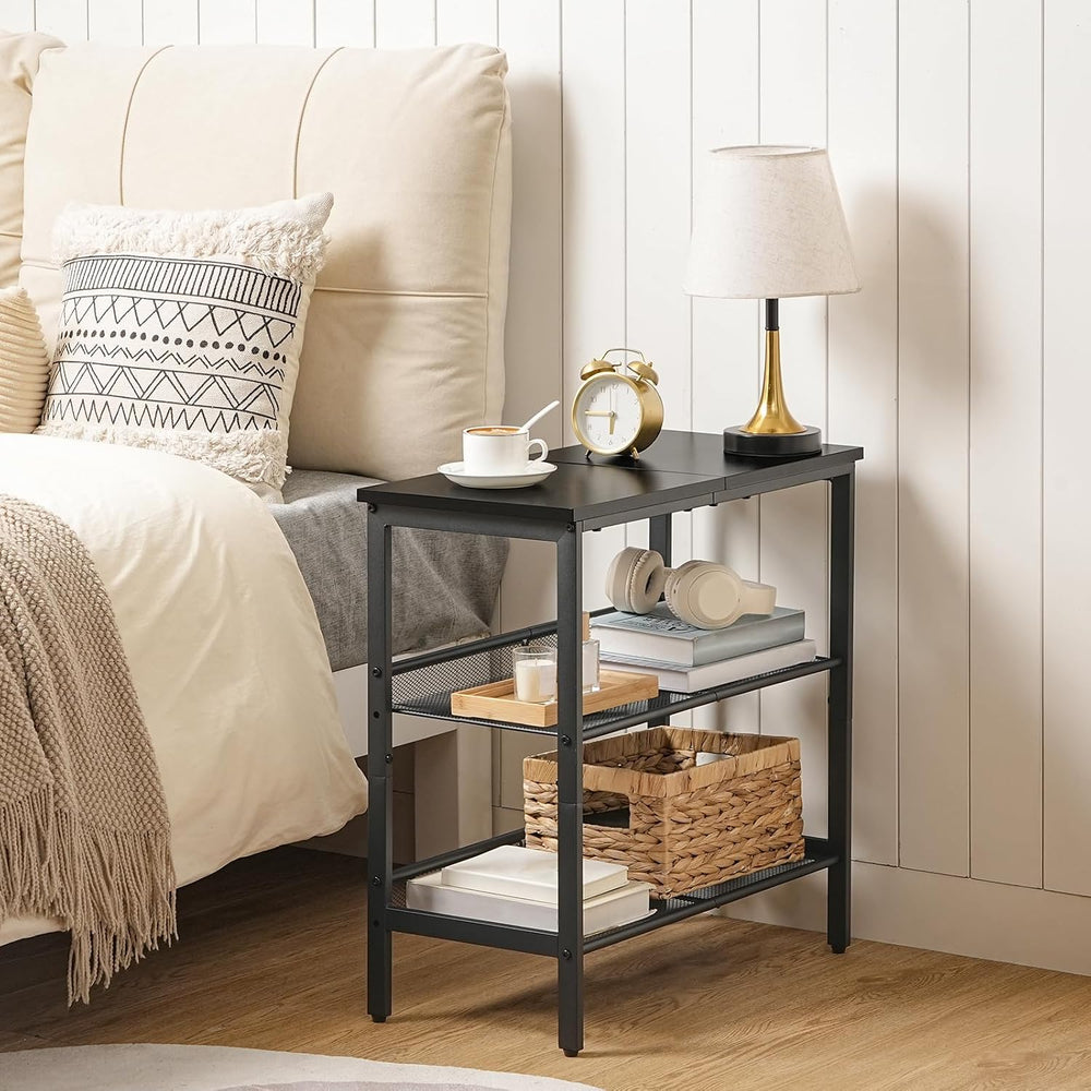 HOOBRO Black Side Table, 3-Tier Metal Side Table, Small Black Table with 2 Fl...