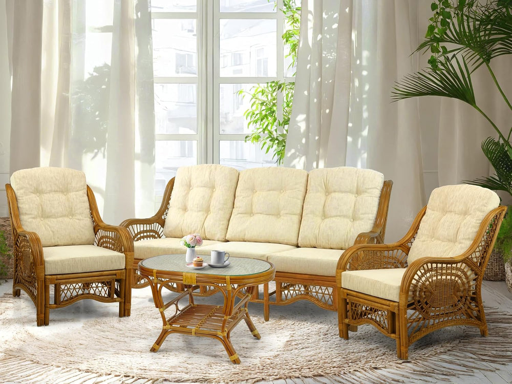 Malibu Lounge Three-Seater Sofa Natural Rattan Wicker Handmade Design (Cream ...