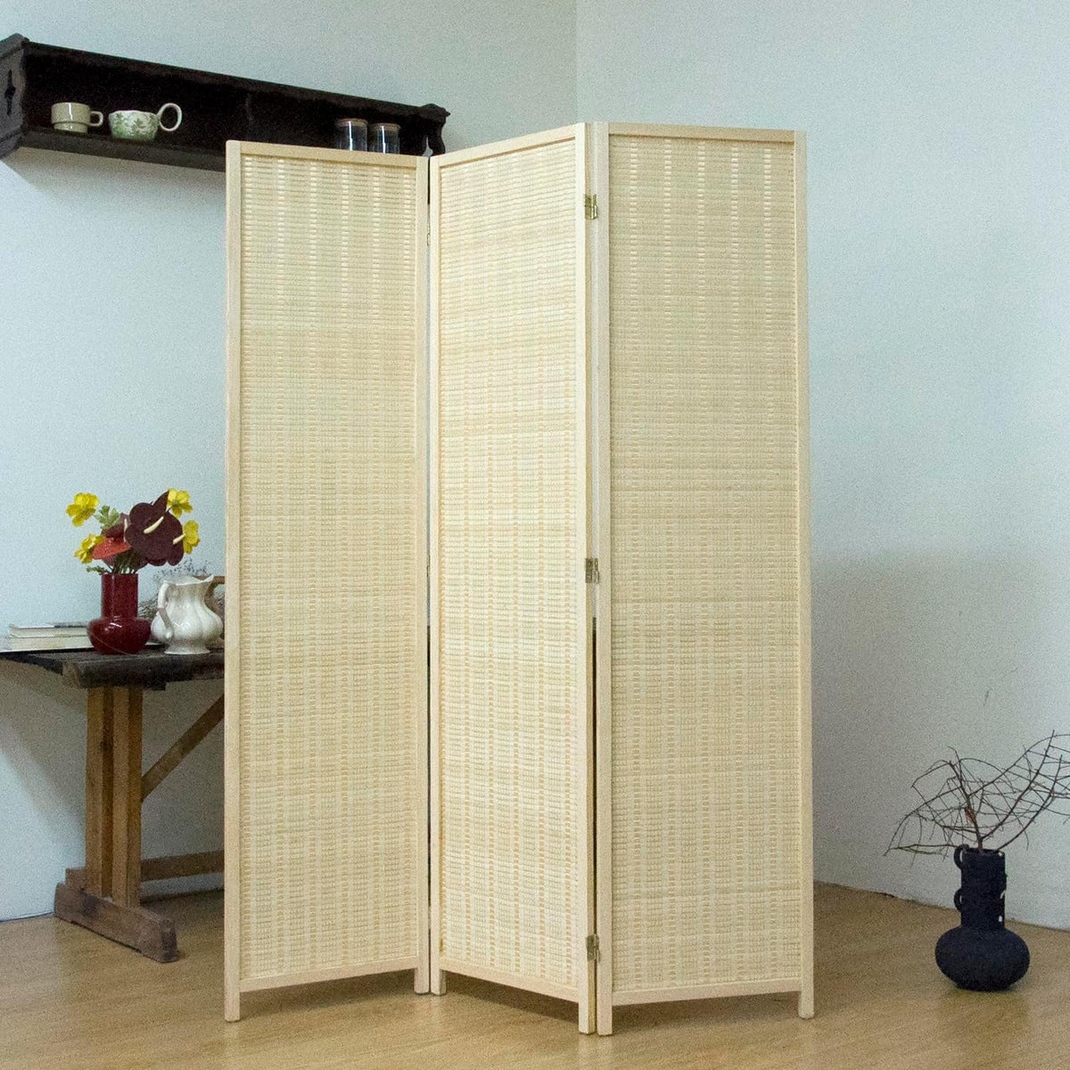 3-panel bamboo room divider - 5.6 ft tall shown in use