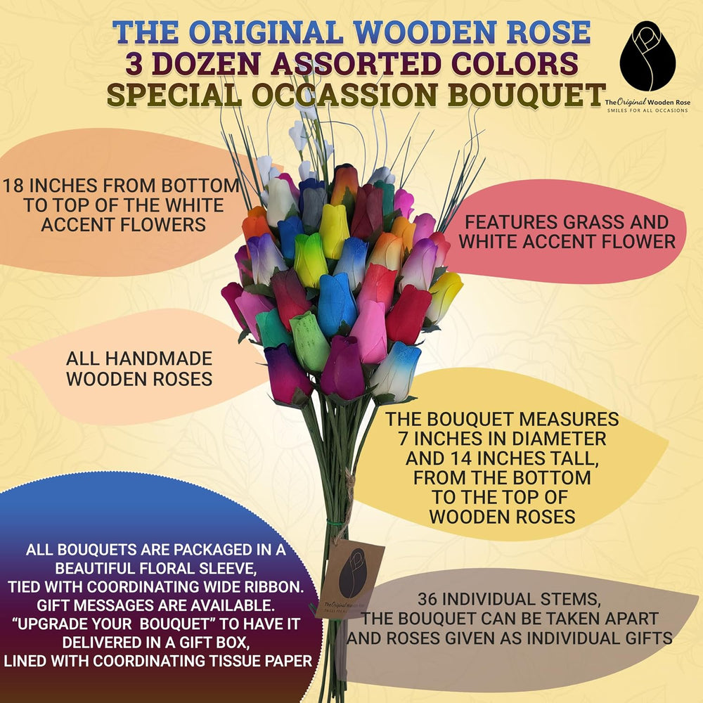 Assorted Colors Wooden Rose Closed Bud Bouquets 3 Dozen