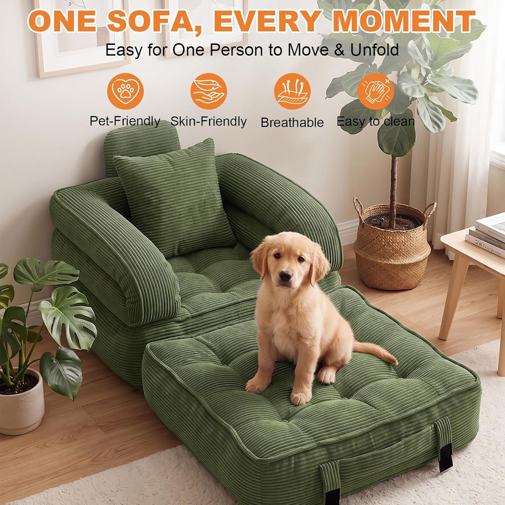 Folding Sofa Bed, Convertible Sleeper Chair, Corduroy Boneless Couch