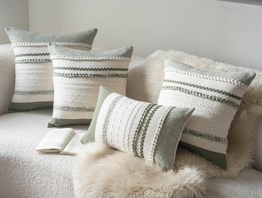 Cethom Boho Lumbar Pillow Covers 14x36 Inch Long, Green Textured Decorative C...
