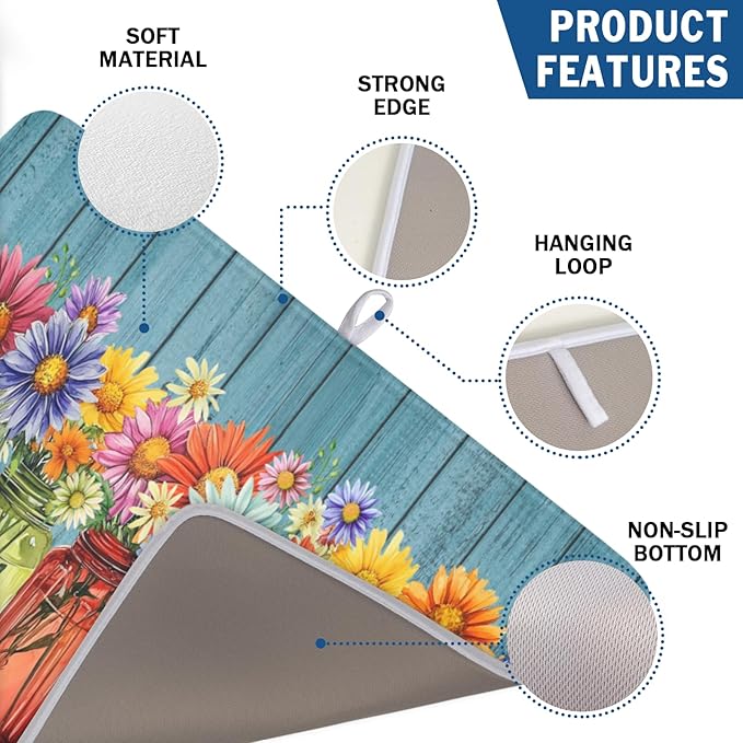 Vintage Floral Dish Drying Mat for Kitchen Counter Rustic Flower Vases Wooden - Image 3