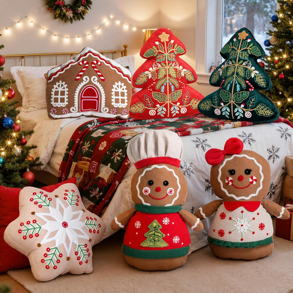 Lanpn Christmas Throw Pillows Set of 5, Christmas Decoration Winter Throw Cushions Snowflake Gingerbread Man 3D Shaped Xmas Tree Pillow for Sofa Living Room Bedroom Xmas Decor