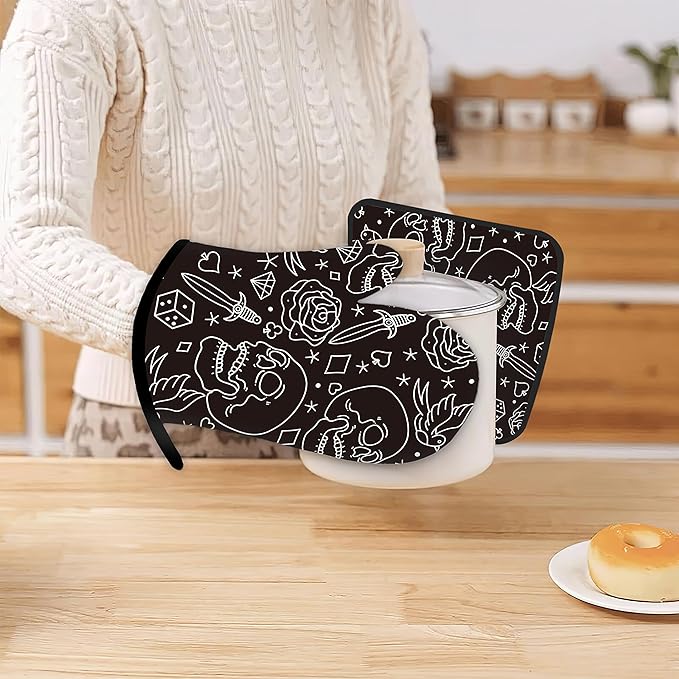 Skull Head with Rose Oven Mitts and Pot Holders Kitchen Cooking Gloves 2 Pcs - Image 6