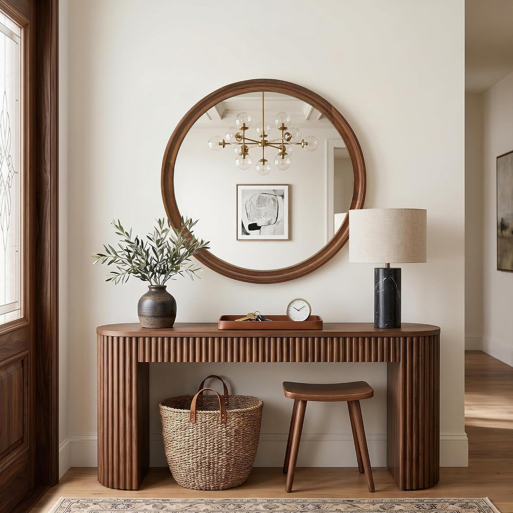 FICTOR Round Wood Mirror, 26" Circle Mirrors for Wall Decor, Walnut Brown
