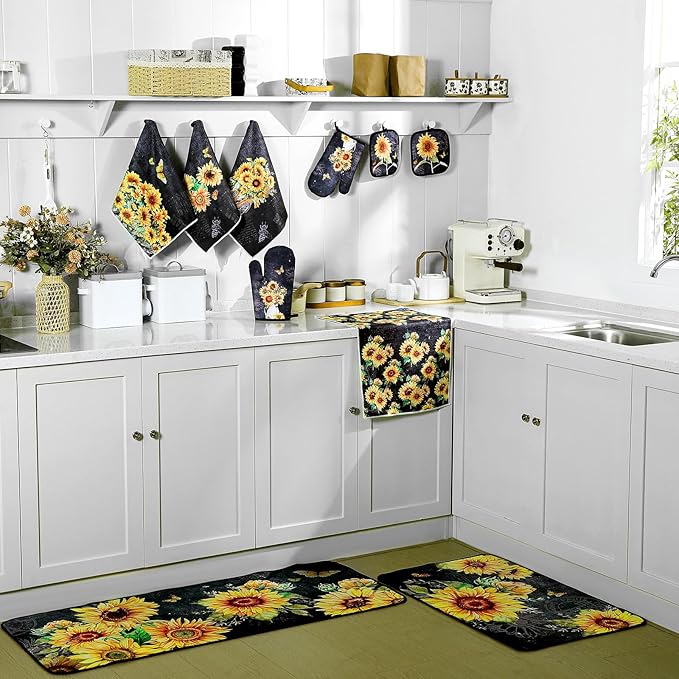 Fourluoo 10 Pcs Vintage Sunflower Kitchen Dish Towels Rugs Oven Mitts and Pot - Image 7
