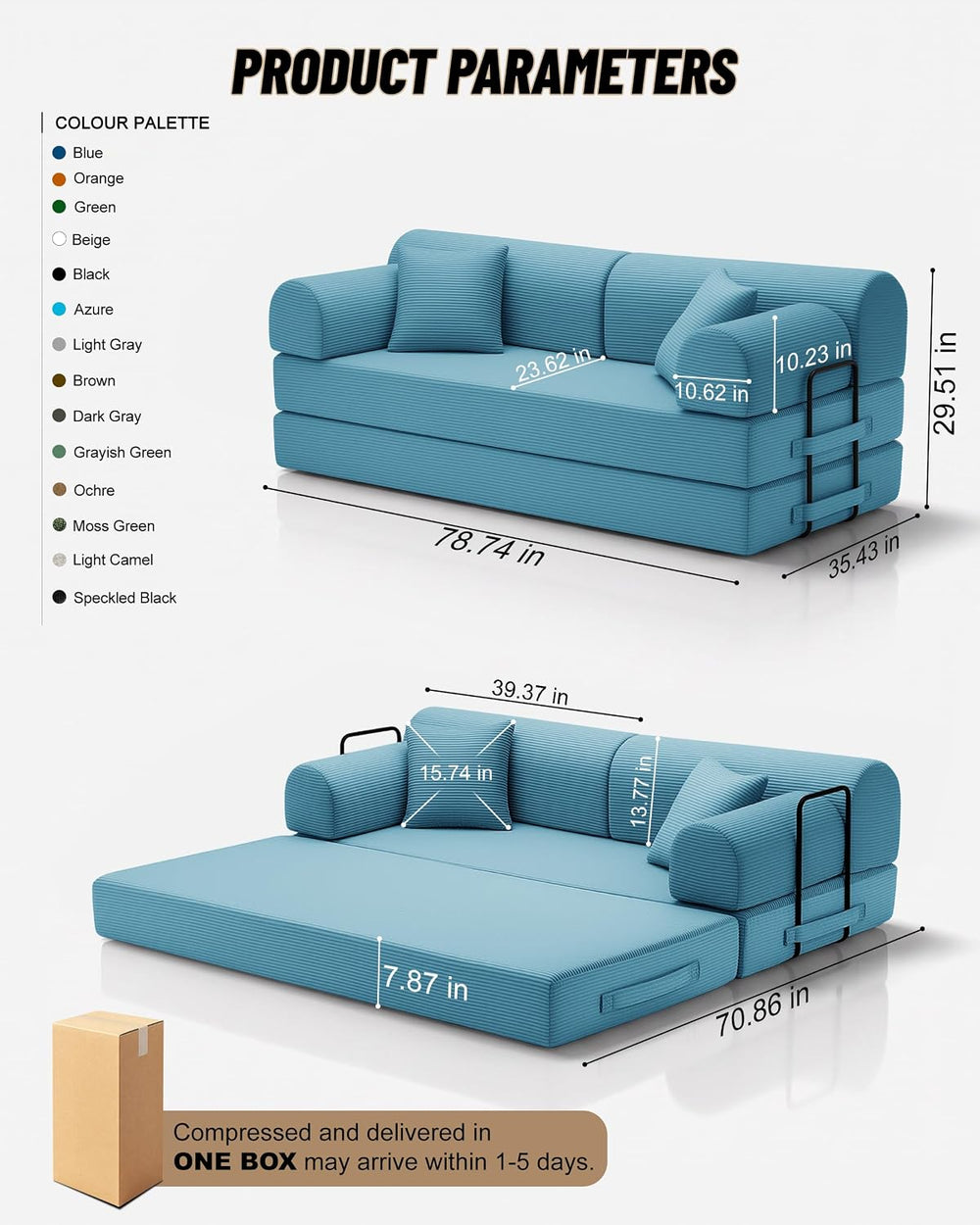 78.8" Convertible Sofa Bed, High Back Boneless Couch for Living Room