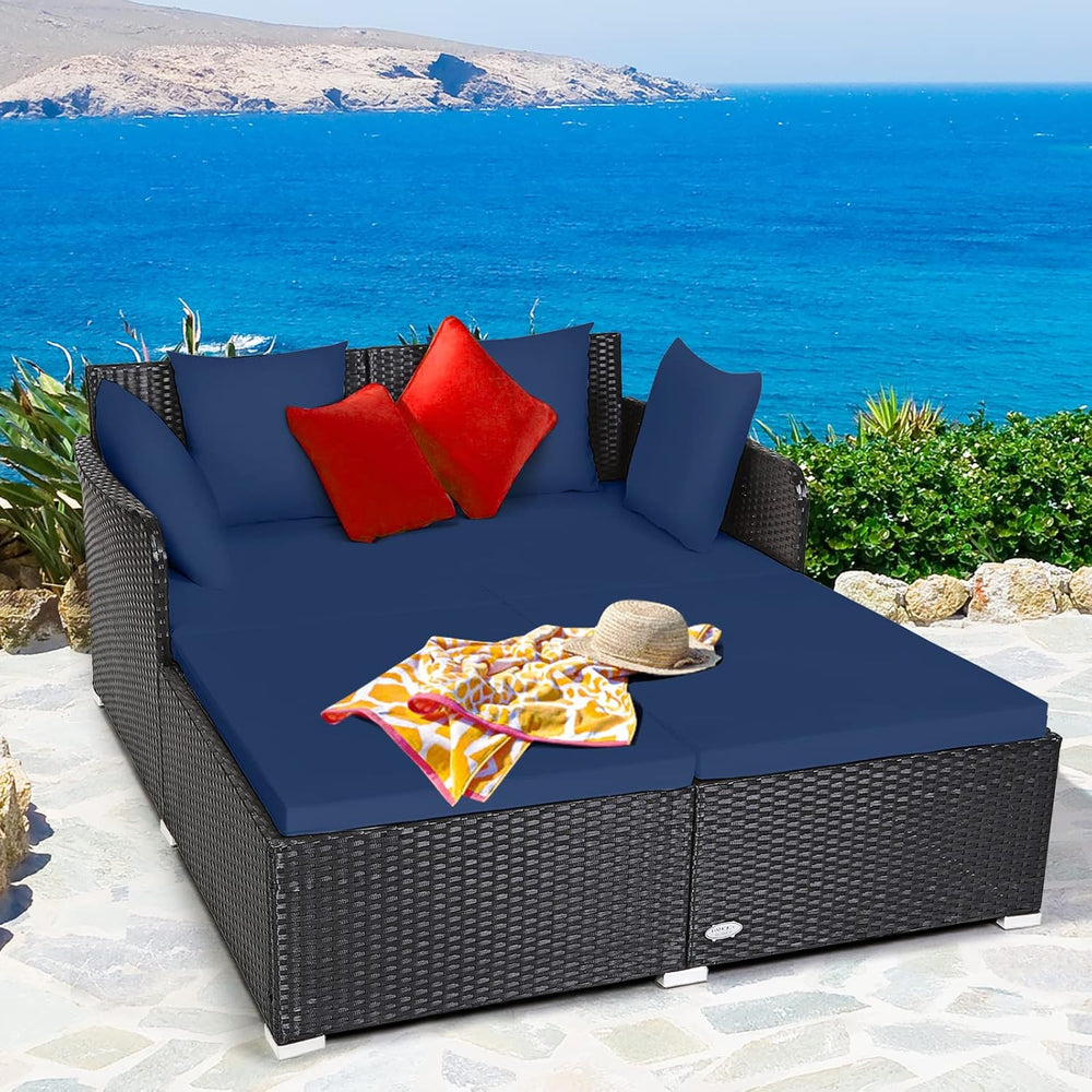 Tangkula Outdoor Rattan Daybed, Sunbed Wicker Furniture w/Spacious Seat, Upho...