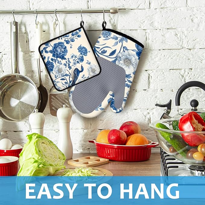 Blue Bird Blooming Flower Oven Mitts and Pot Holders Sets Heat Resistant 4Pcs - Image 4