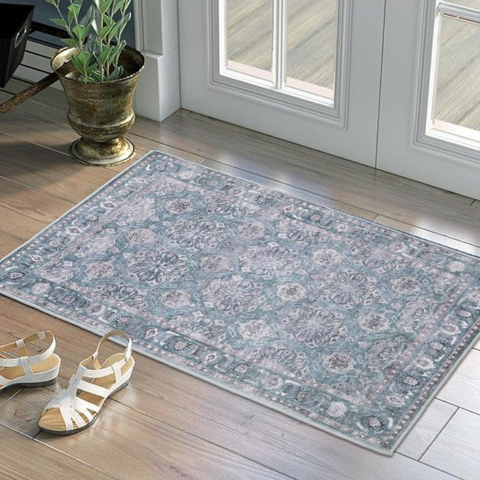 SERISSA Vintage Floral Rugs for Entryway, 2x3 Blue Grey Entryway Rug Non-Slip - Image 7